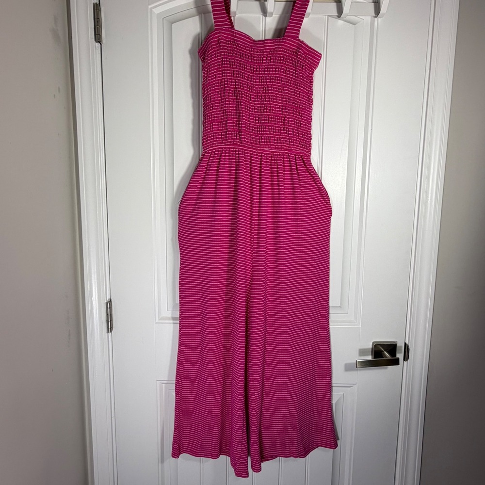 Zenana Pink White Striped Smocked Bodice Wide Leg Jumpsuit Romper Size M